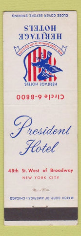 Matchbook Cover - President Hotel New York City