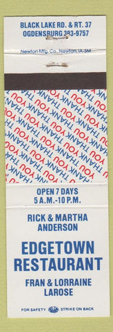 Matchbook Cover - Edgetown Restaurant Ogdensburg NY