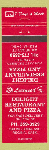 Matchbook Cover - Delight Restaurant Pizza Regina SK