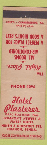 Matchbook Cover - Hotel Plasterer Lebanon PA