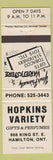Matchbook Cover - Hopkins Variety Hamilton ON WEAR