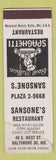 Matchbook Cover - Sansone's Restaurant Baltimore MD POOR STAINED