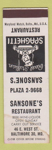 Matchbook Cover - Sansone's Restaurant Baltimore MD POOR STAINED