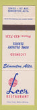 Matchbook Cover - Lee's Restaurant Edmonton AB