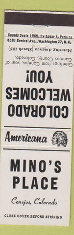 Matchbook Cover - Mino's Place Conejos Colorado PERKINS AMERICANA WHITE