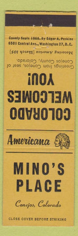 Matchbook Cover - Mino's Place Conejos Colorado PERKINS AMERICANA YELLOW