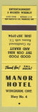 Matchbook Cover - Manor Hotel Wingham ON YELLOW