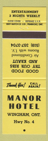 Matchbook Cover - Manor Hotel Wingham ON YELLOW