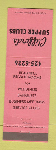 Matchbook Cover - Clifford's Supper Clubs Hales Corners Oak Creek Muskego WI