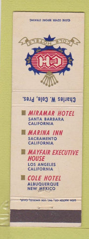 Matchbook Cover - Cole Hotels Albuquerque Los Angeles Sacramento Santa Barbara
