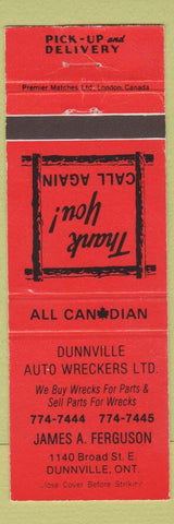 Matchbook Cover - Dunnville Auto Wreckers ON RED