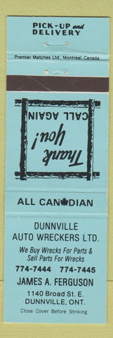 Matchbook Cover - Dunnville Auto Wreckers ON BLUE