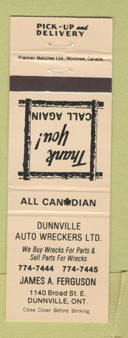 Matchbook Cover - Dunnville Auto Wreckers ON YELLOW