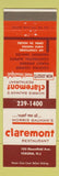 Matchbook Cover - Morris Bauman's Claremont Restaurant Verona NJ