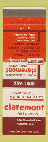 Matchbook Cover - Morris Bauman's Claremont Restaurant Verona NJ
