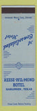Matchbook Cover - Reese Wil Mond Hotel Harlingen TX