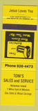 Matchbook Cover - Toni's Sales Service Tires Batteries Nicomen Island YELLOW