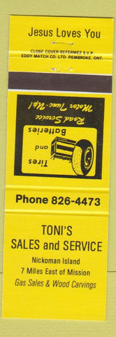 Matchbook Cover - Toni's Sales Service Tires Batteries Nicomen Island YELLOW