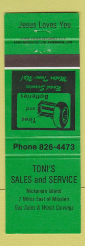 Matchbook Cover - Toni's Sales Service Tires Batteries Nicomen Island GREEN
