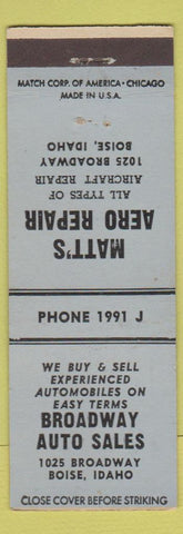 Matchbook Cover - Matt's Airplane Repair Boise ID Broadway Auto Sales BLUE