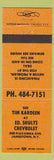 Matchbook Cover - Tim Kardeen Ed Shults Chevrolet Jamestown NY ORANGE