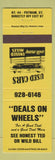 Matchbook Cover - Deals on Wheels Cars Putnam CT YELLOW