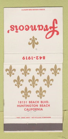 Matchbook Cover - Francois French Restaurant Huntington Beach CA 30 Strike