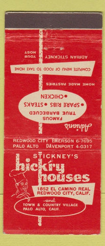 Matchbook Cover - Stickney's Hickry Redwood City Palo Alto CA 21 Strike Feature