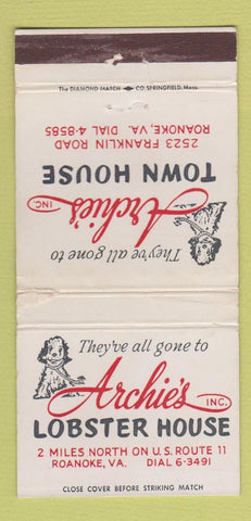 Matchbook Cover - Archie's Lobster House Roanoke VA WORN 30 Strike