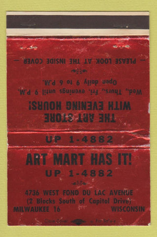 Matchbook Cover - Art Mart Milwaukee WI WORN 40 Strike
