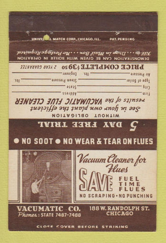Matchbook Cover - Vacumatic Vacuum for Flues Chicago IL 40 Strike