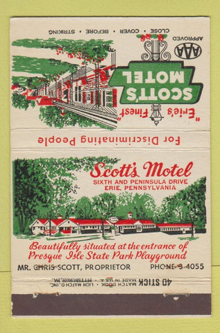 Matchbook Cover - Scott's Motel Erie PA 40 Stick