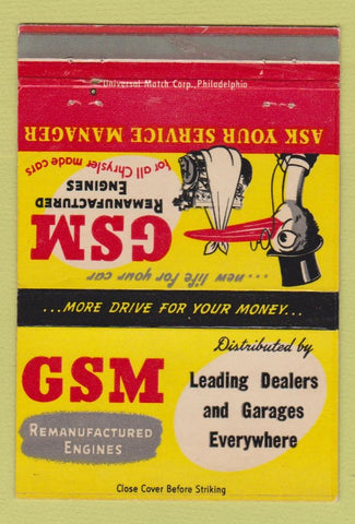 Matchbook Cover - GSM Remanufactured Engines Chrysler  40 Strike