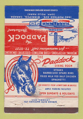 Matchbook Cover - Paddock Restaurant Winnipeg MB WORN 40 Strike
