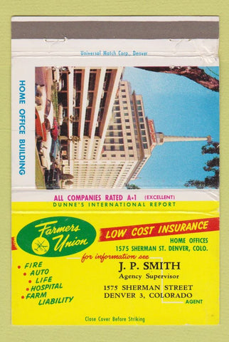 Matchbook Cover JP Smith Farmers Union Insurance Denver Colorado WORN 40 Strike
