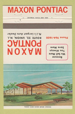 Matchbook Cover - Maxon Pontiac Union NJ 40 Strike