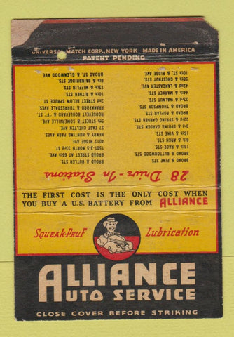 Matchbook Cover - Alliance Auto Service Oil Changes POOR STRIKER 40 Strike