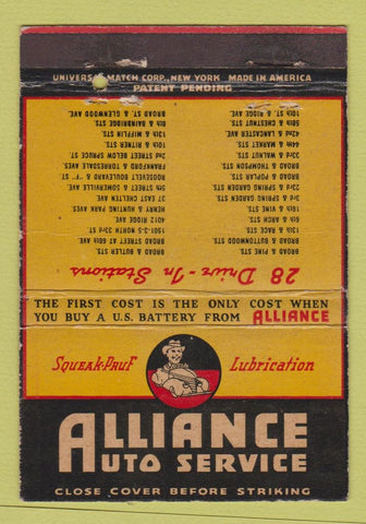 Matchbook Cover - Alliance Auto Service Oil Changes CREASE 40 Strike