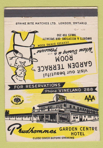 Matchbook Cover - Prudhommes Garden Centre Hotel Vineland ON WEAR 40 Strike