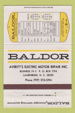 Matchbook Cover - Baldor Averitt's Electric Laurinburg NC 40 Strike