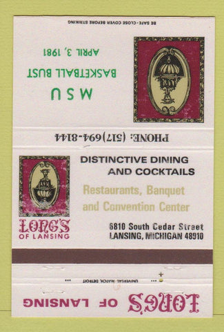 Matchbook Cover - Long's Lansing MI Michigan State Basketball 1981 40 Strike