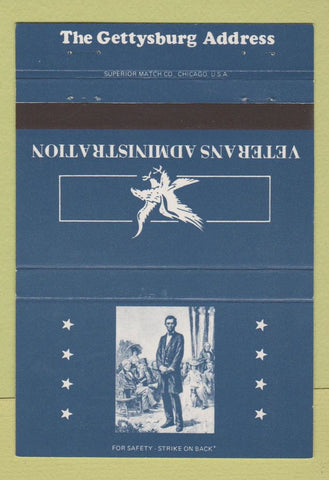 Matchbook Cover - Veterans Administration Gettysburg Abraham Lincoln 40 Strike
