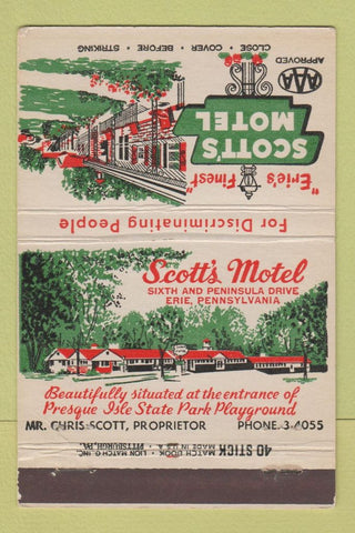 Matchbook Cover - Scott's Motel Erie PA 40 Stick