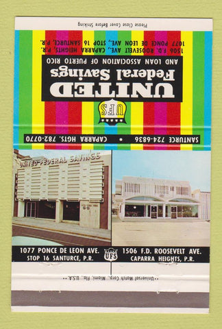 Matchbook Cover - United Federal Savings Santurce Puerto Rico 40 Strike