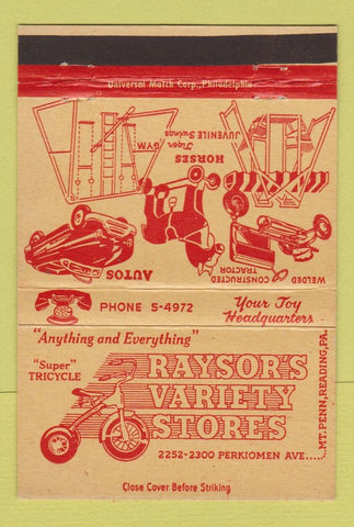 Matchbook Cover - Raysor's Variety Store Reading PA toys 40 Strike