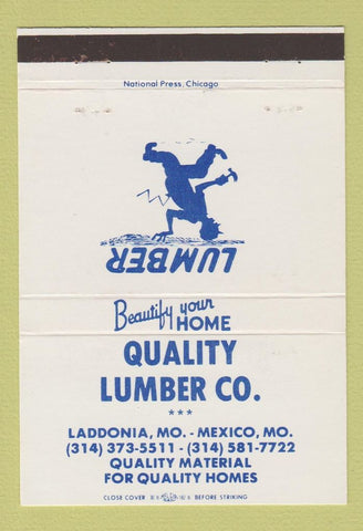 Matchbook Cover - Quality Lumber Laddonia MO Mexico 40 Strike