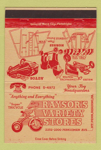 Matchbook Cover - Raysor's Variety Store Reading PA toys 40 Strike