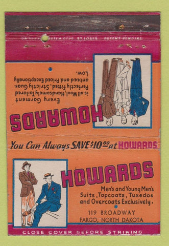 Matchbook Cover - Howards Men's Clothes Fargo ND 40 Strike