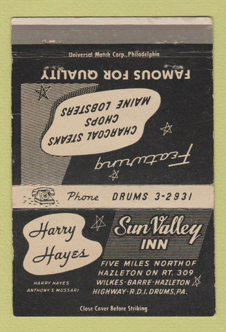 Matchbook Cover - Harry Hayes Sun Valley Inn Hazleton PA 40 Strike