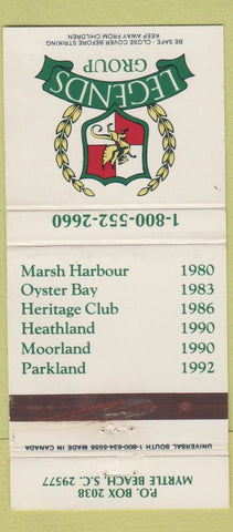 Matchbook Cover - Legends Group Golf Myrtle Beach SC 30 Strike